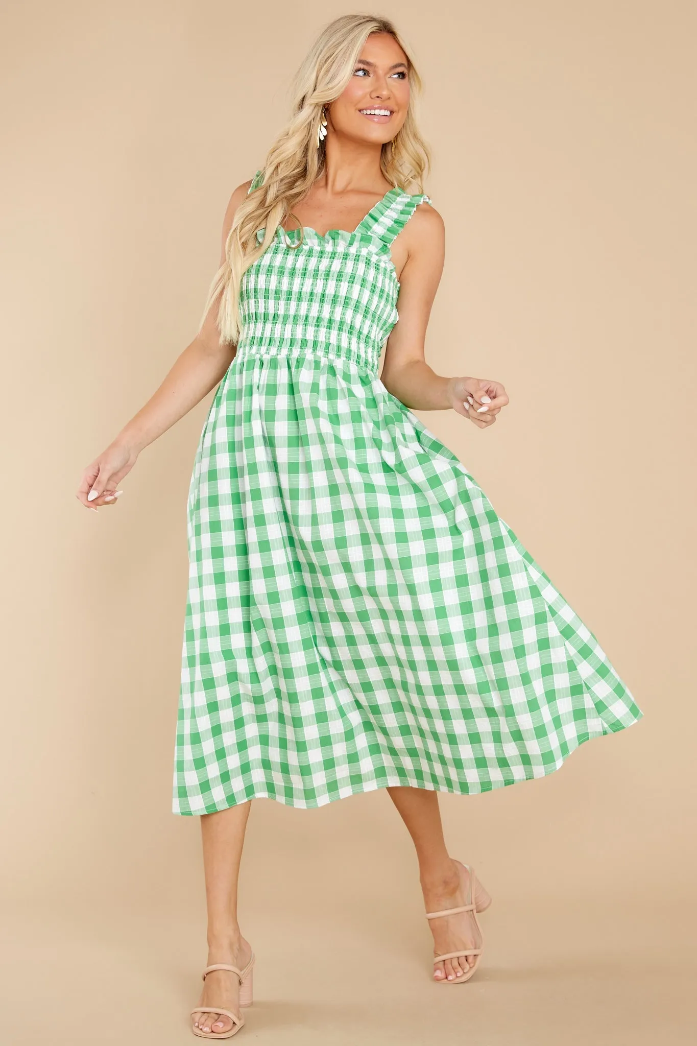 Away From Here Green Gingham Cotton Midi Dress