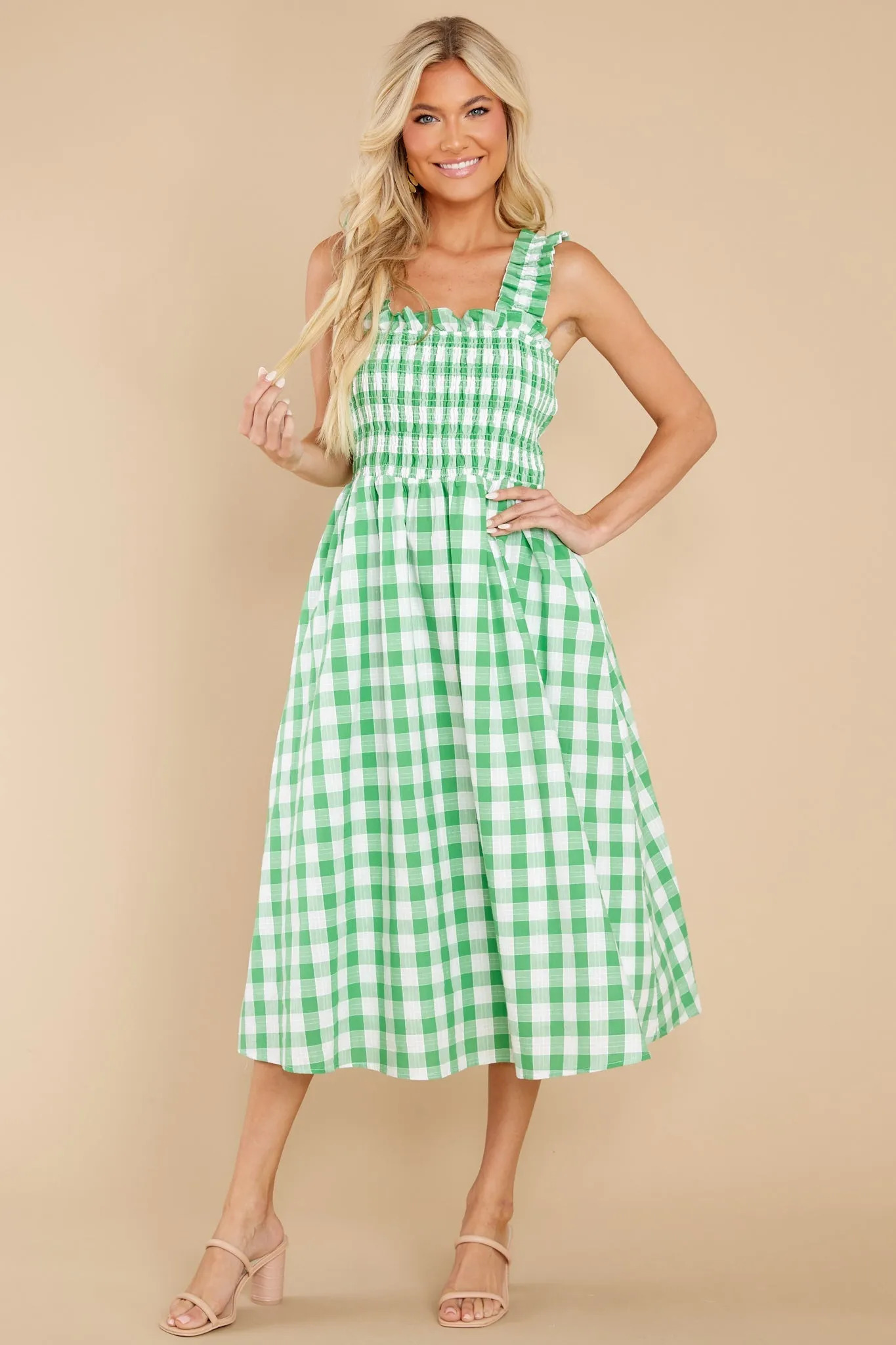 Away From Here Green Gingham Cotton Midi Dress