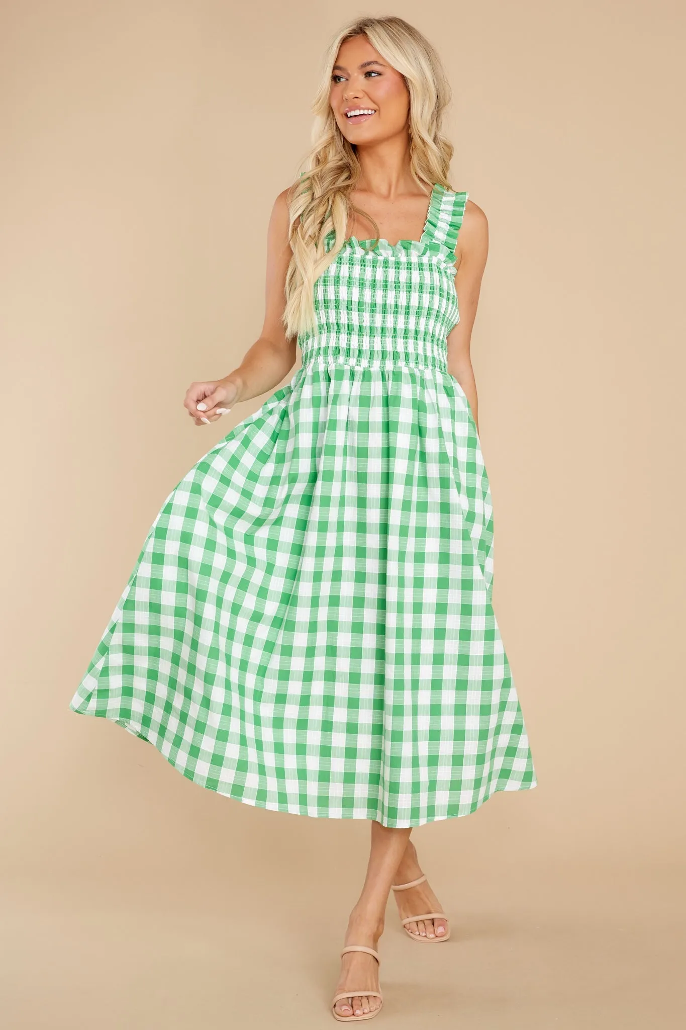 Away From Here Green Gingham Cotton Midi Dress