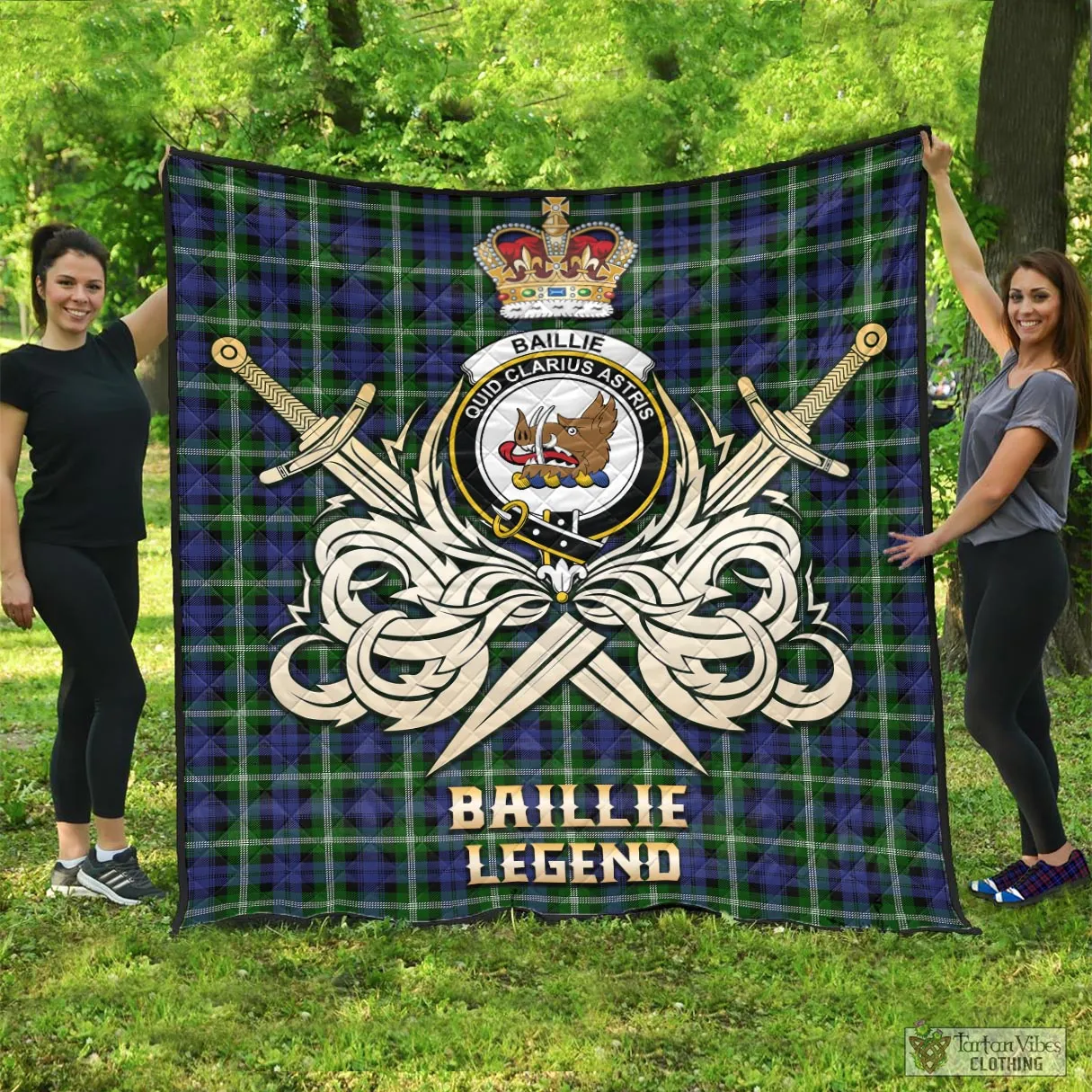 Baillie (Bailey) Tartan Quilt with Clan Crest and the Golden Sword of Courageous Legacy