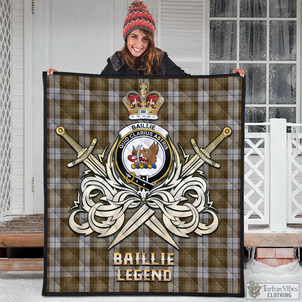 Baillie Dress Tartan Quilt with Clan Crest and the Golden Sword of Courageous Legacy