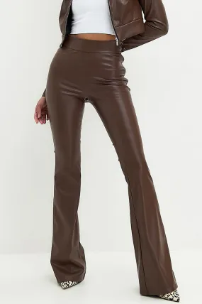 Basic Solid Pu Leather High-Waisted Flared Trousers