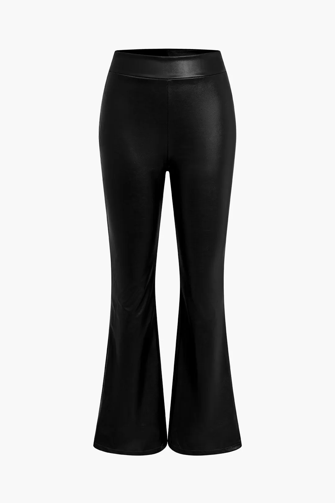 Basic Solid Pu Leather High-Waisted Flared Trousers