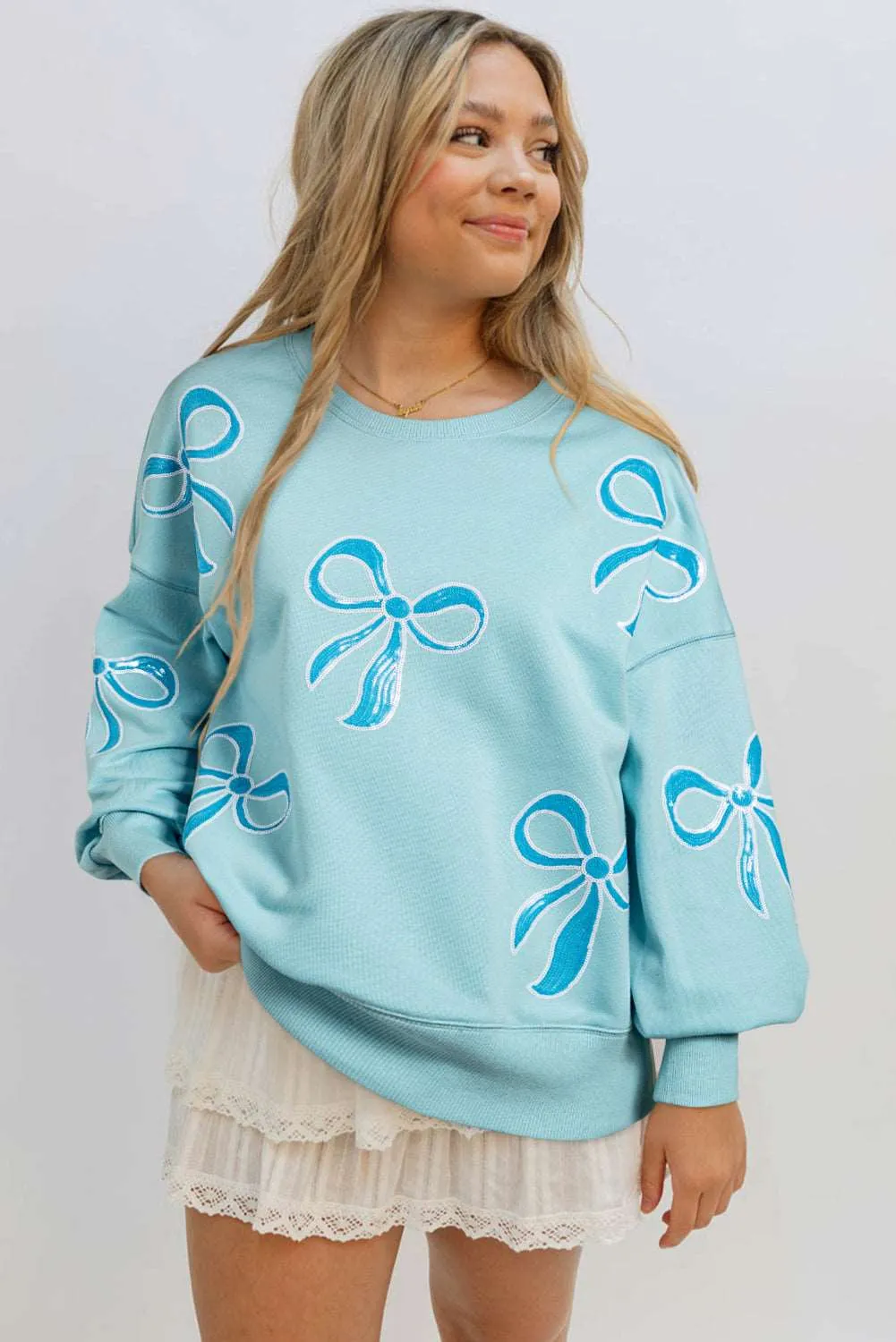 Beau Blue Sequin Bow Drop Shoulder Oversized Sweatshirt