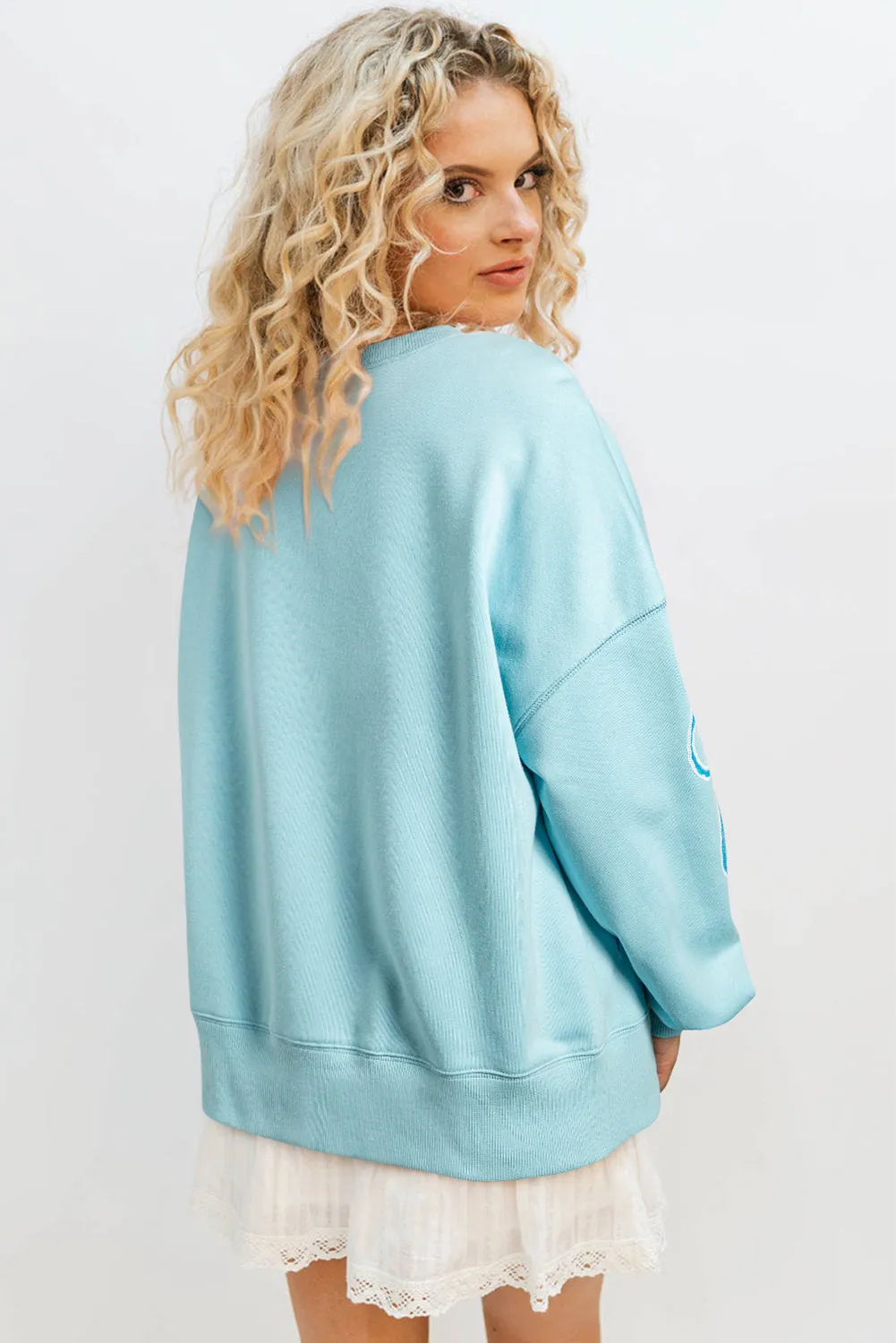 Beau Blue Sequin Bow Drop Shoulder Oversized Sweatshirt