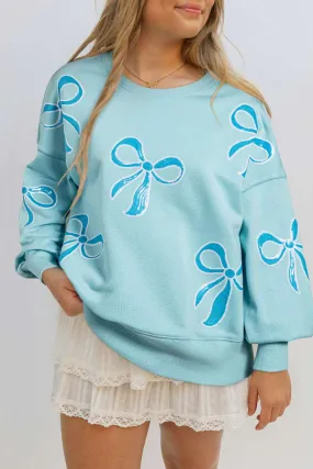 Beau Blue Sequin Bow Drop Shoulder Oversized Sweatshirt