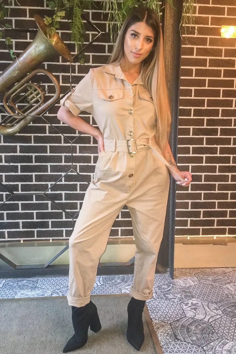 Beige Front Button Belted Boiler Jumpsuit - Nyrah