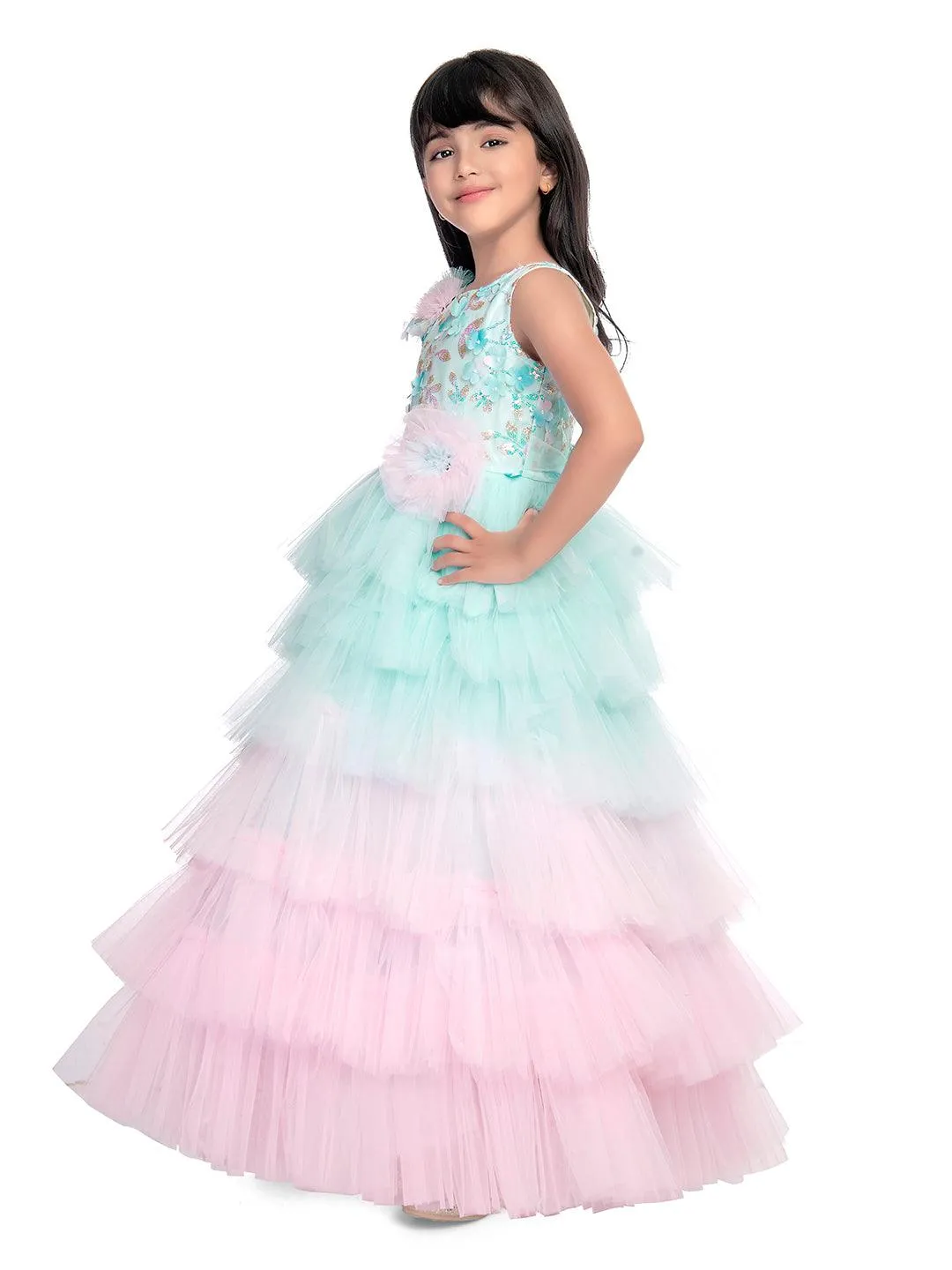 Birthday Dress For Kids / Blue Coloured Trendy Frill Style Gowns For Girls / Imported Gown For Girls / Multi Frills