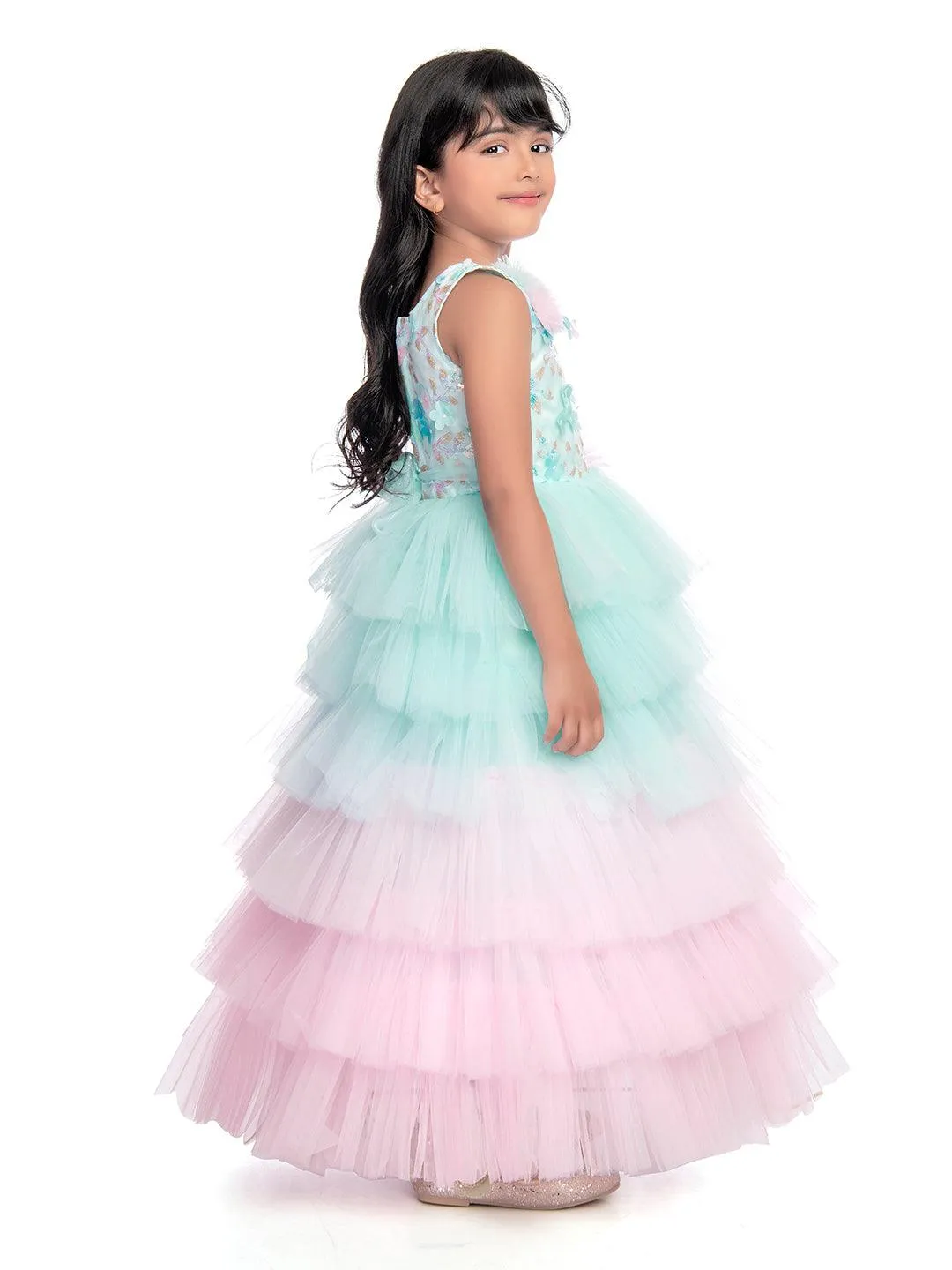 Birthday Dress For Kids / Blue Coloured Trendy Frill Style Gowns For Girls / Imported Gown For Girls / Multi Frills