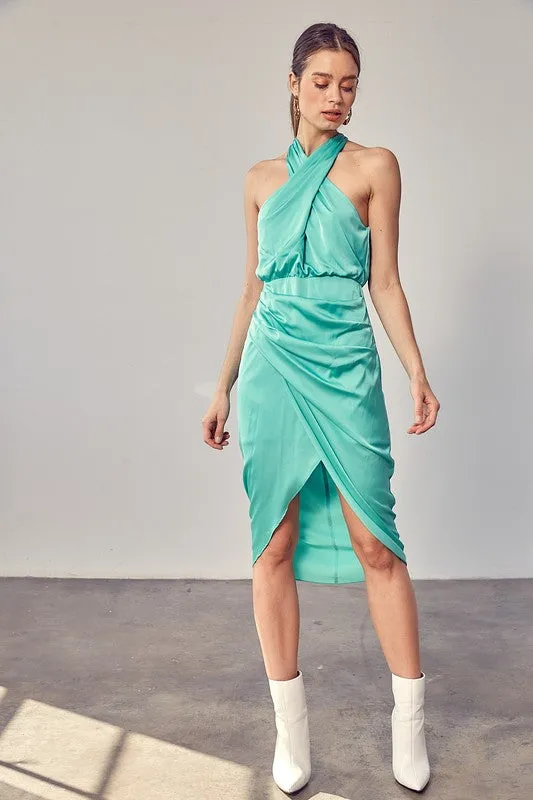 Biscay Green Wrap Cross Neck Dress