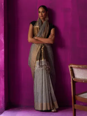 Black & White Stripes Overall With Gold Pallu Saree