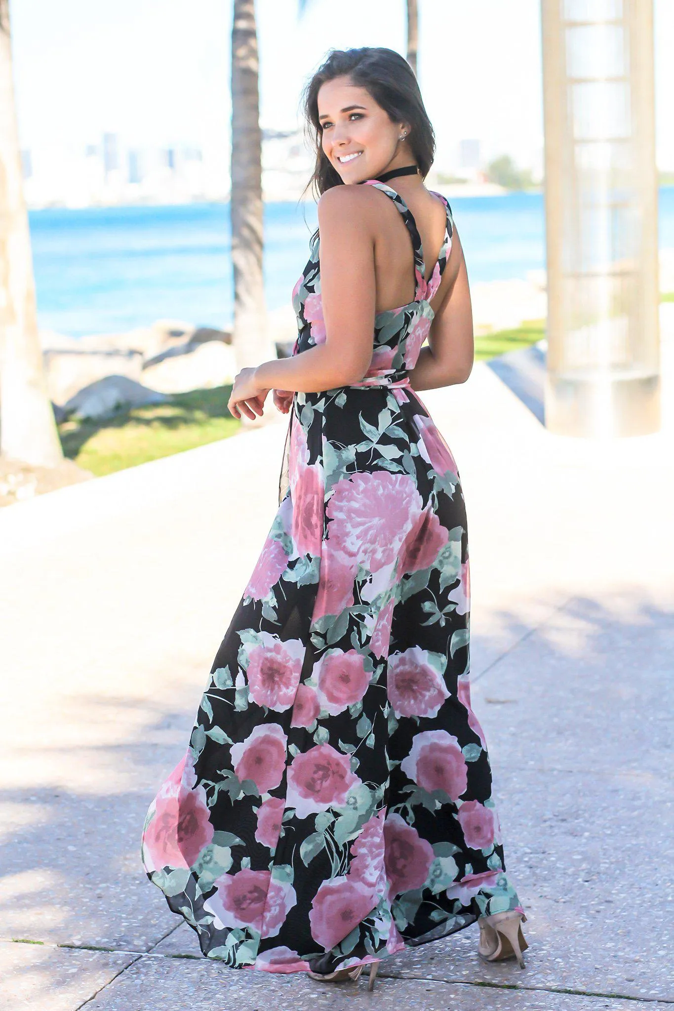 Black and Pink Floral Wrap Dress