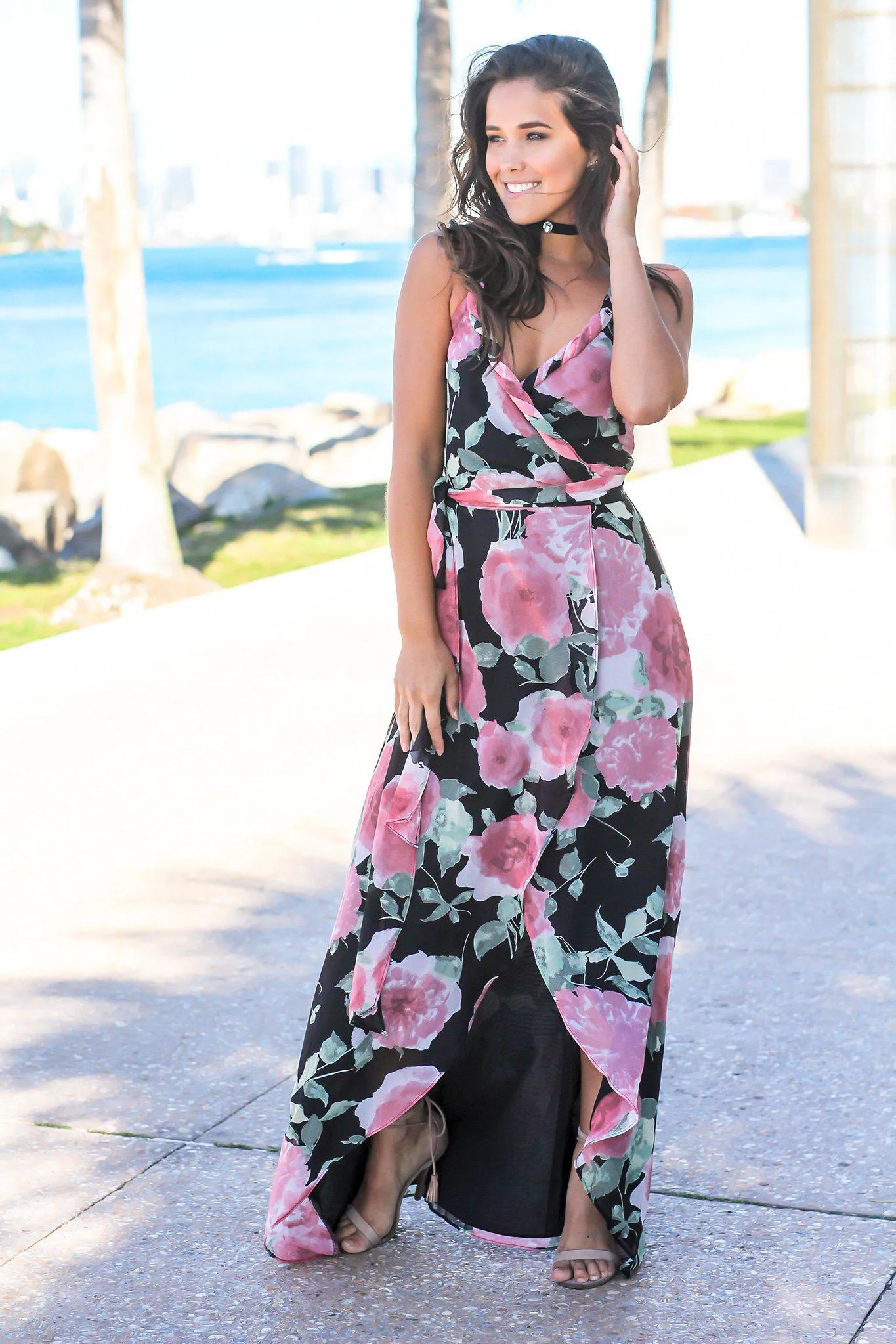 Black and Pink Floral Wrap Dress