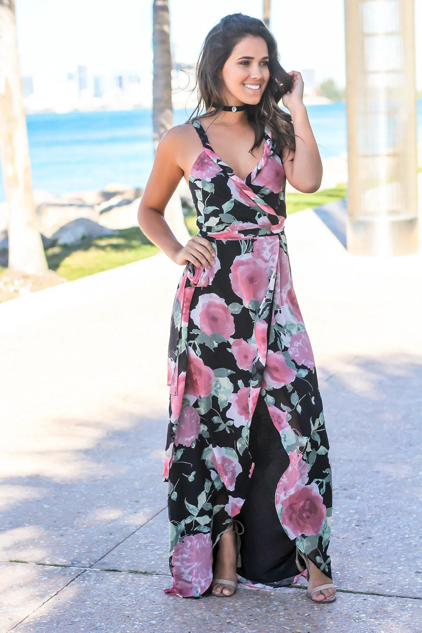 Black and Pink Floral Wrap Dress