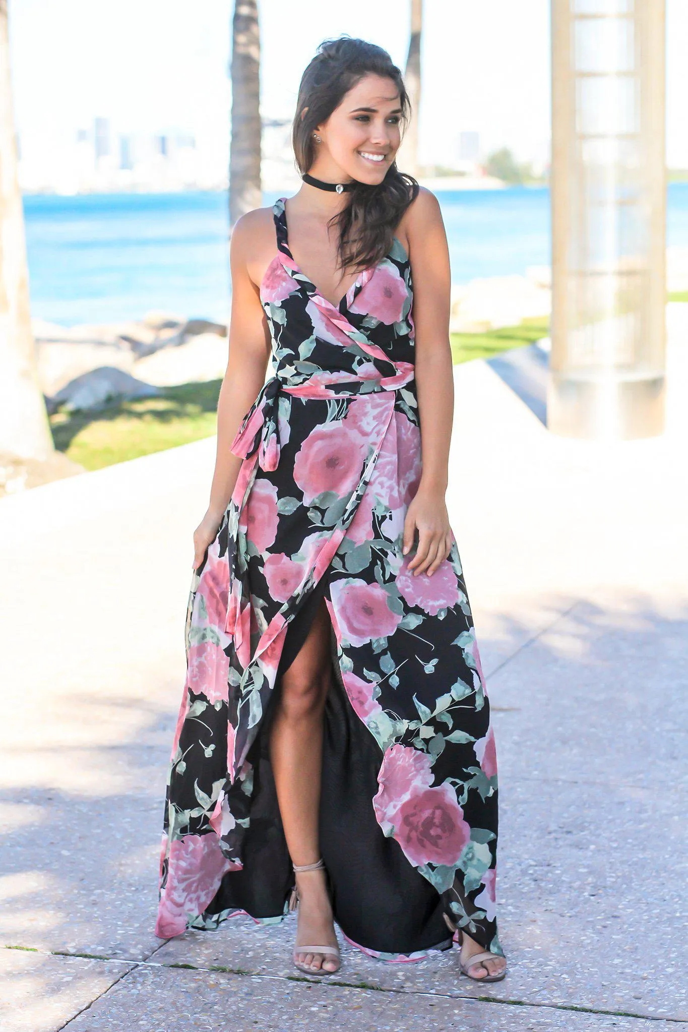 Black and Pink Floral Wrap Dress