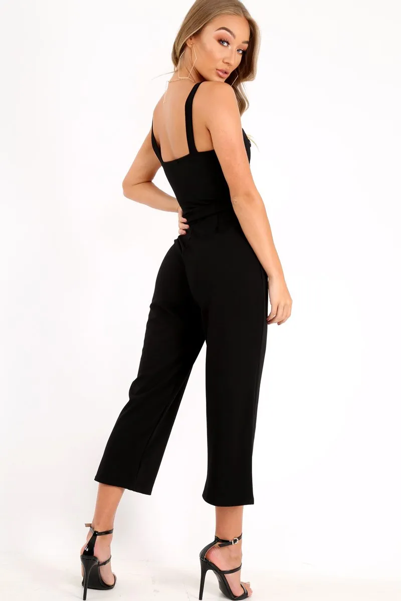 Black Button Front Belted Culotte Jumpsuit - Magy