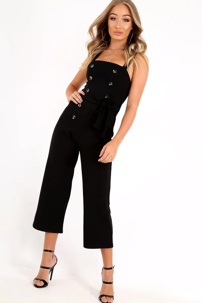 Black Button Front Belted Culotte Jumpsuit - Magy