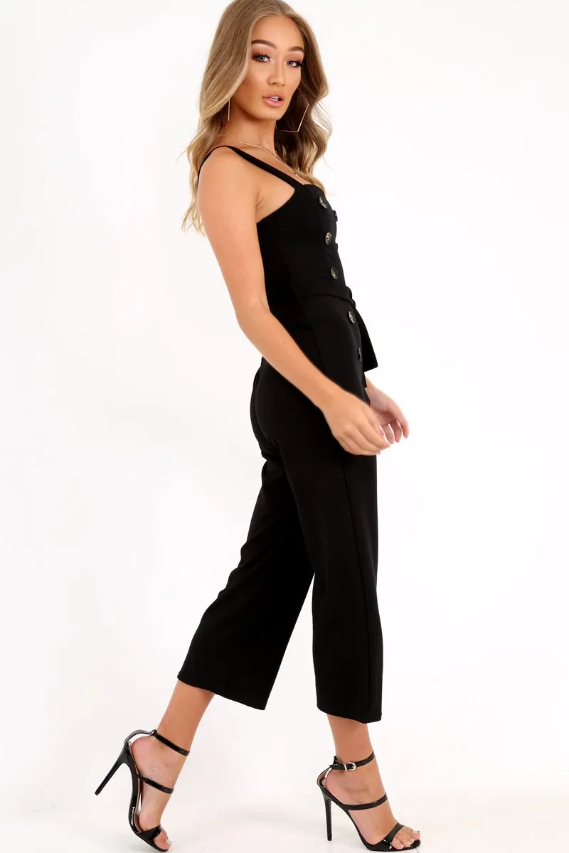 Black Button Front Belted Culotte Jumpsuit - Magy