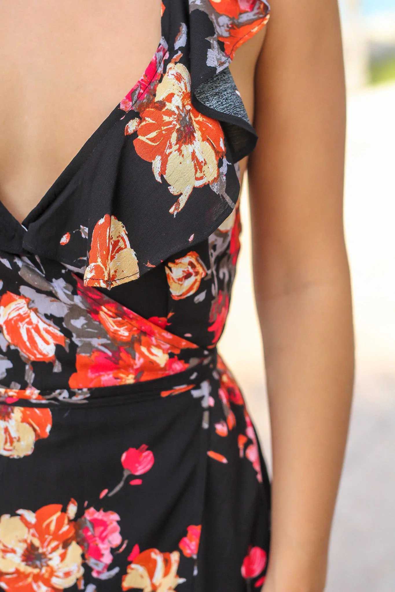 Black Floral Ruffle Wrap Dress with Criss Cross Back