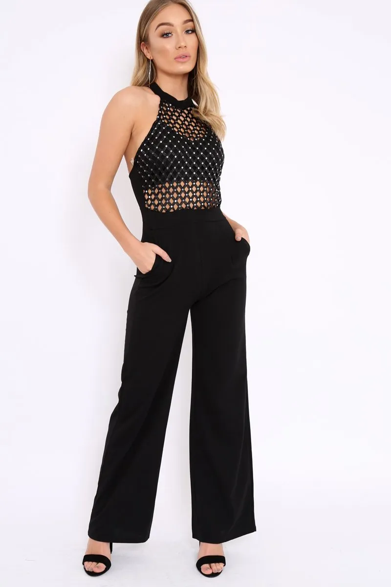 Black Halterneck Cage Design Jumpsuit - Taaliah