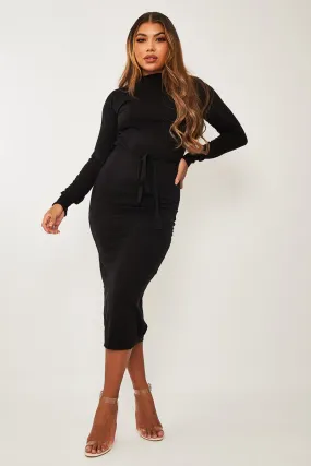 Black High Neck Belted Knit Midi Dress - Jakira