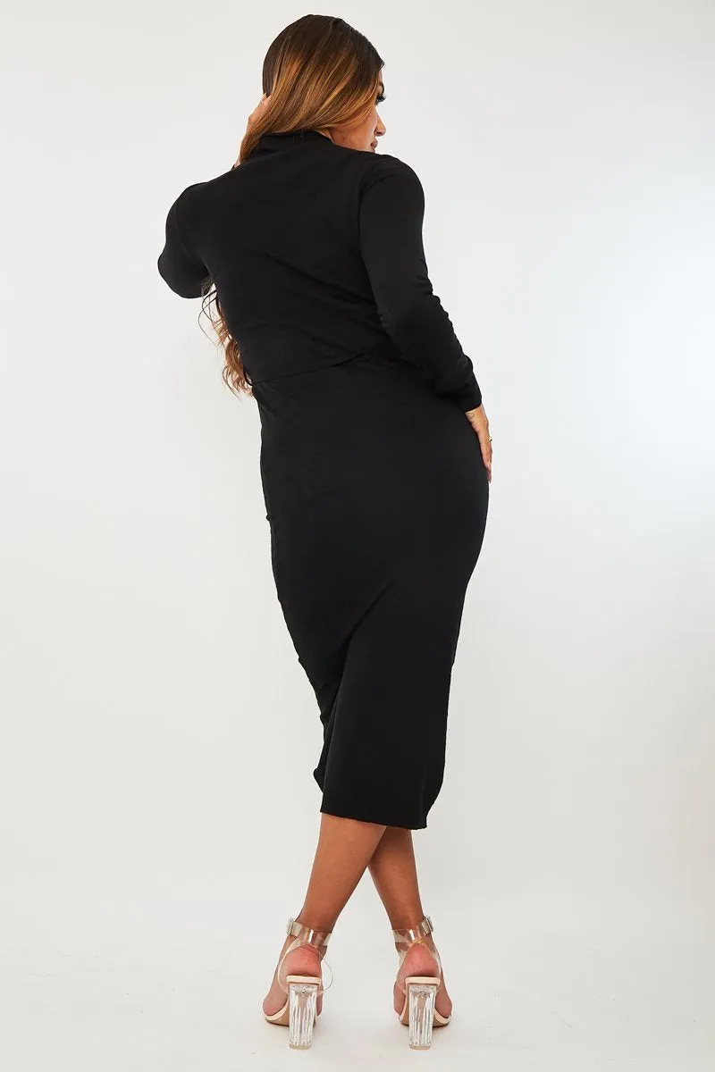 Black High Neck Belted Knit Midi Dress - Jakira