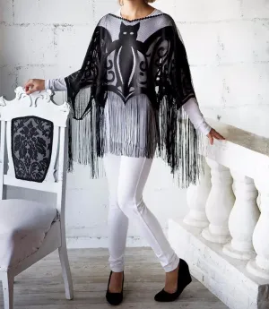 Black Lace Bat Poncho with Fringe