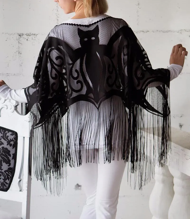 Black Lace Bat Poncho with Fringe