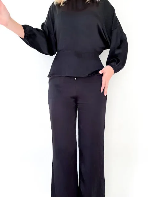 Black Lyocell Drawstring Easy Pants