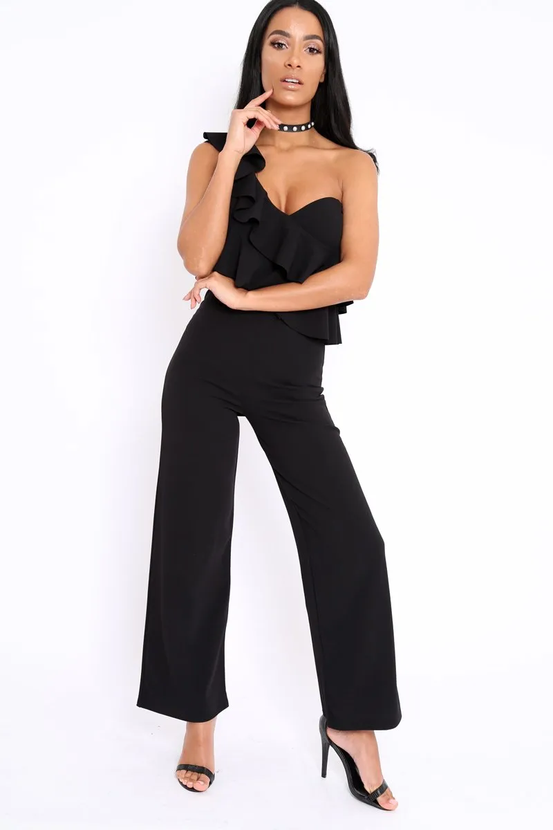 Black One Shoulder Ruffle Jumpsuit - Shelley