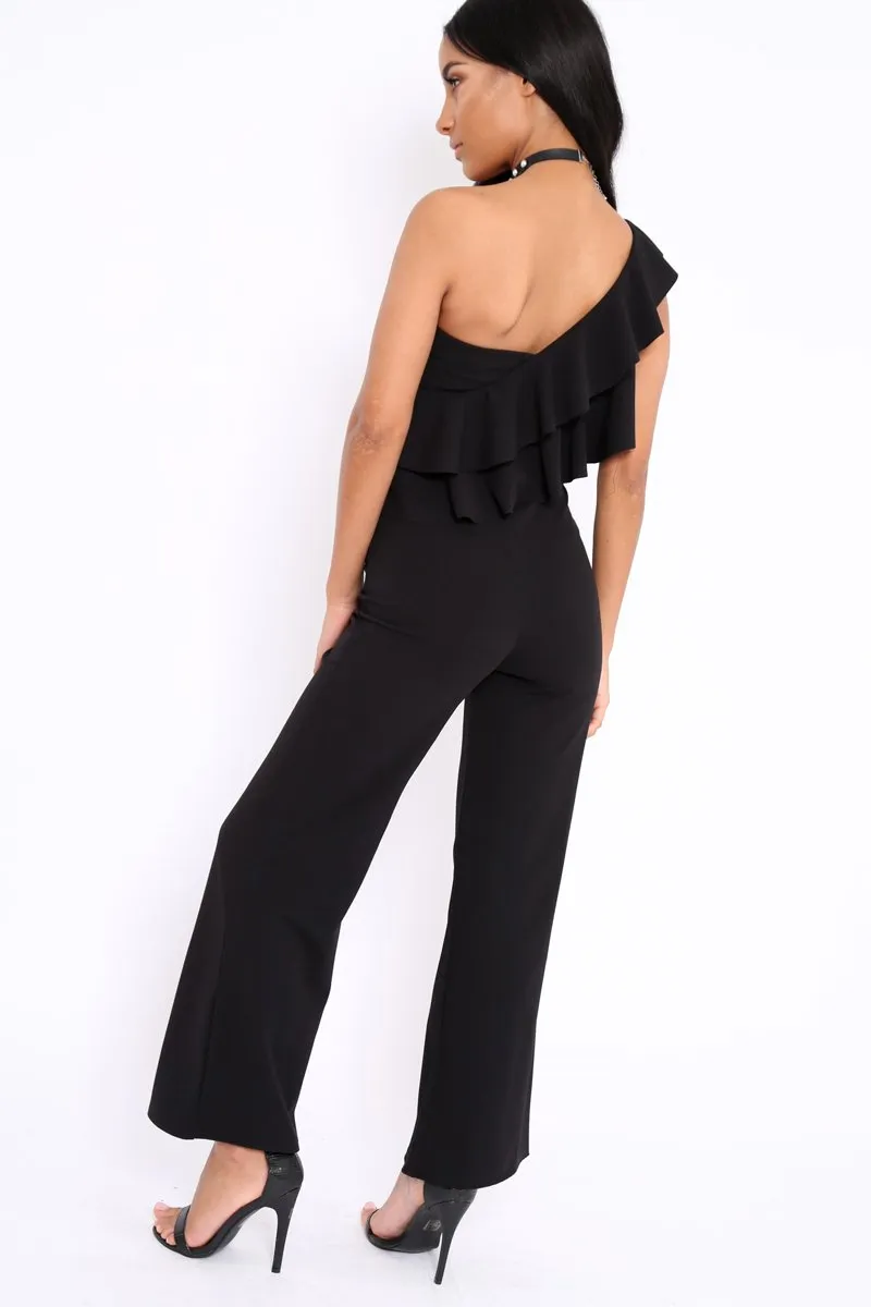 Black One Shoulder Ruffle Jumpsuit - Shelley