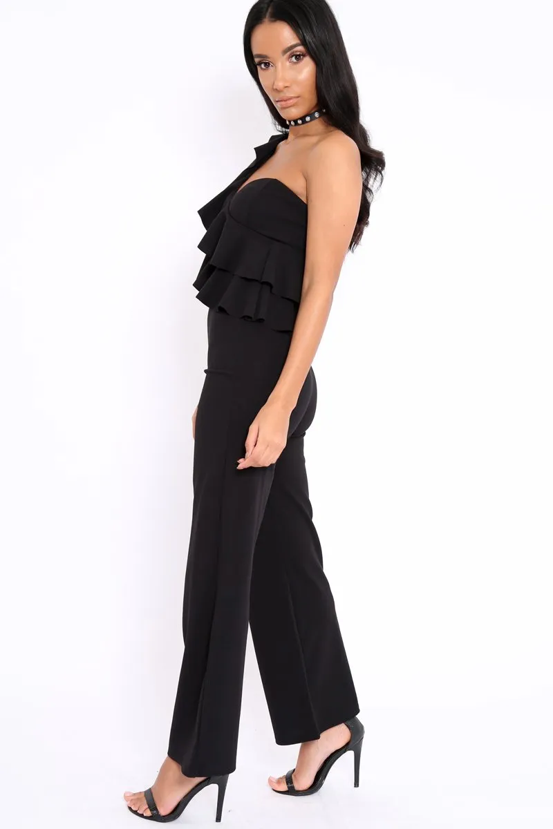 Black One Shoulder Ruffle Jumpsuit - Shelley