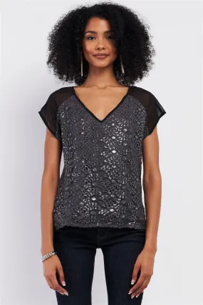 Black Sequin V Neck Draped Sleeve Top