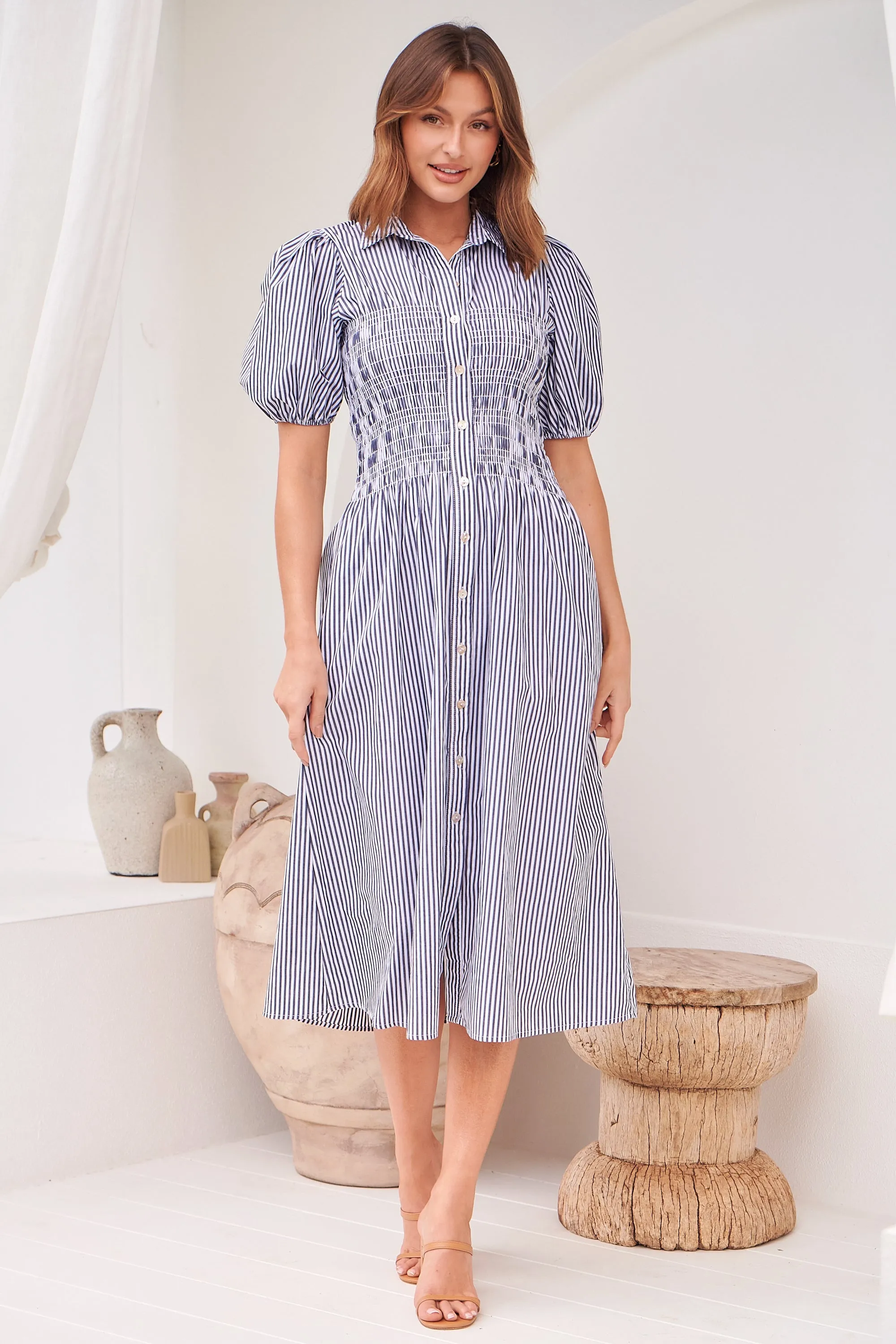 Blu Collared Blue/White Striped Button Front Midi Dress