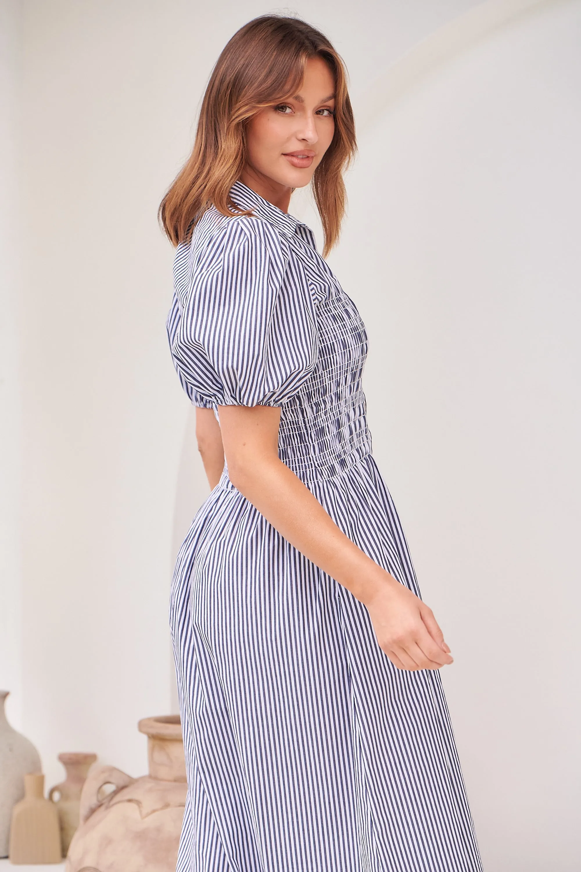 Blu Collared Blue/White Striped Button Front Midi Dress