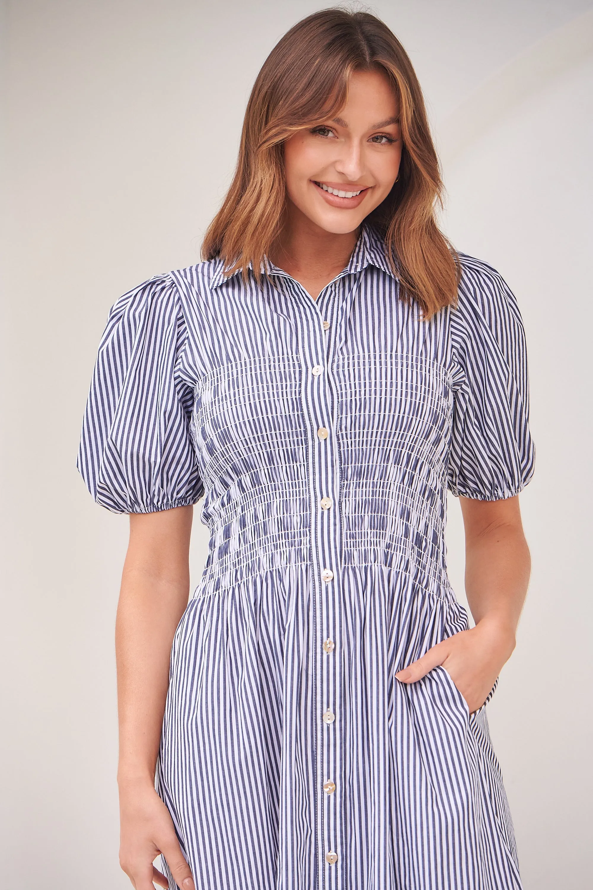 Blu Collared Blue/White Striped Button Front Midi Dress