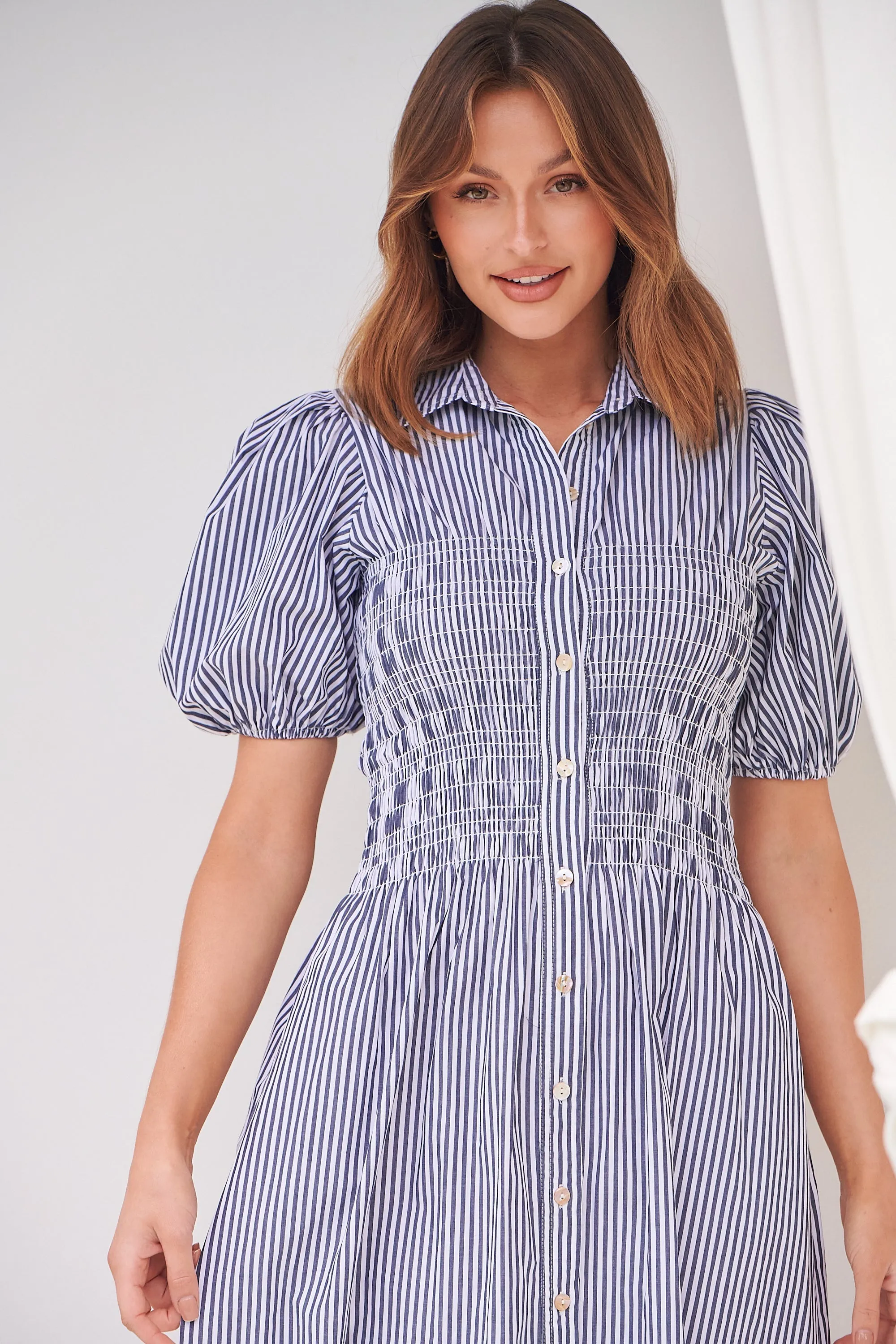 Blu Collared Blue/White Striped Button Front Midi Dress