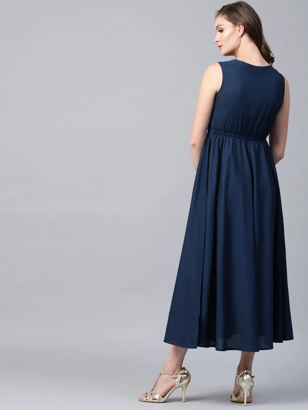 Blue Sleeveless Cotton A-Line Maxi Dress With Yoke Printed