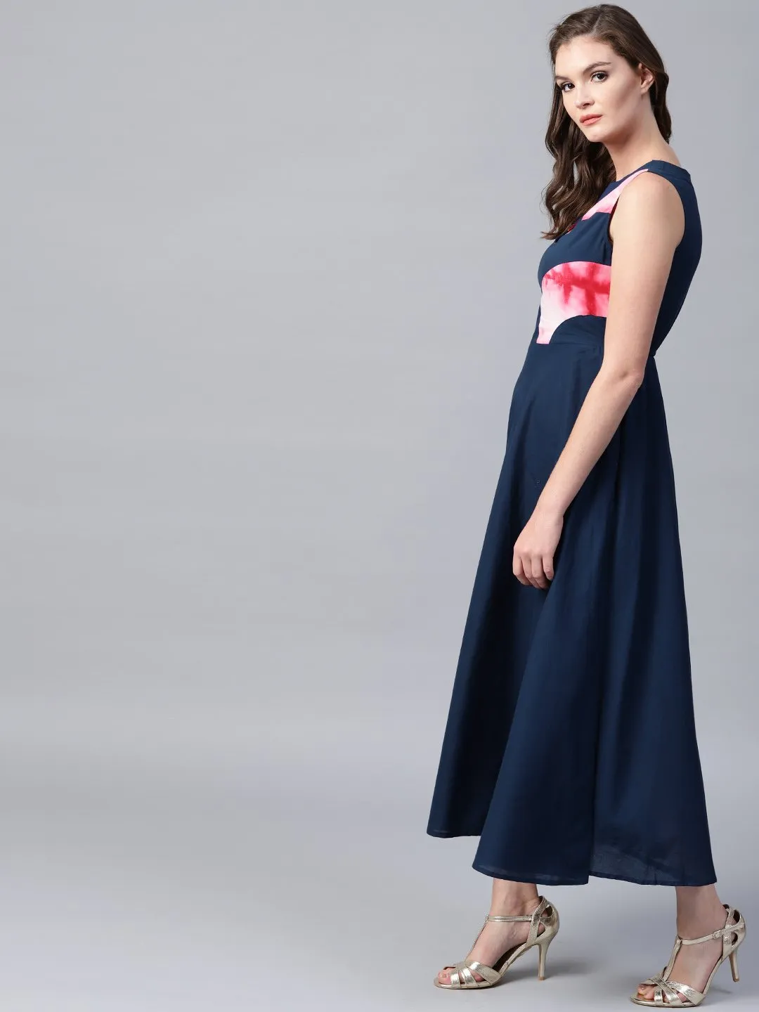 Blue Sleeveless Cotton A-Line Maxi Dress With Yoke Printed