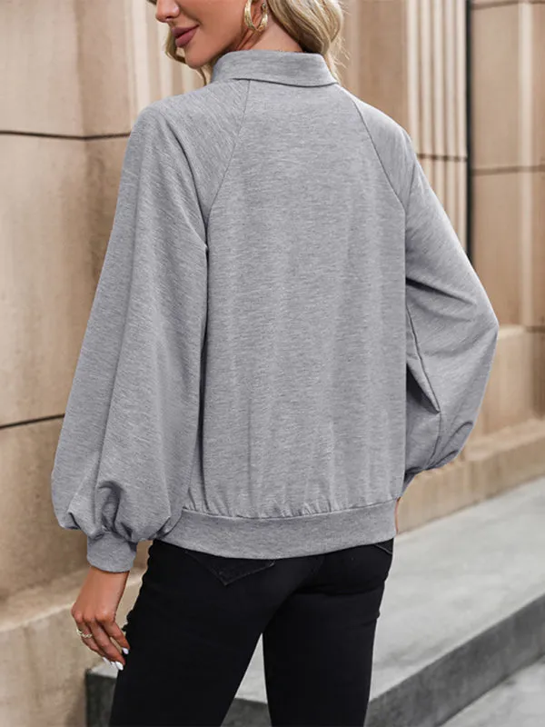 Bohemian Misty Grey Collared Lantern Sleeve Kangaroo Pocket Pullover Sweatshirt