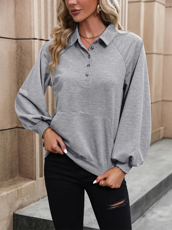 Bohemian Misty Grey Collared Lantern Sleeve Kangaroo Pocket Pullover Sweatshirt