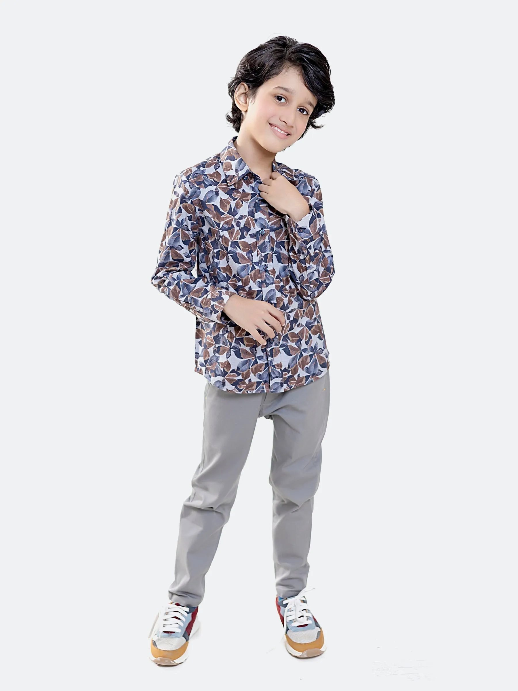 Brown & Navy Printed Long Sleeve Casual Shirt