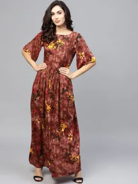 Brown Printed Maxi Dress With Round Neck And Flared Sleeves