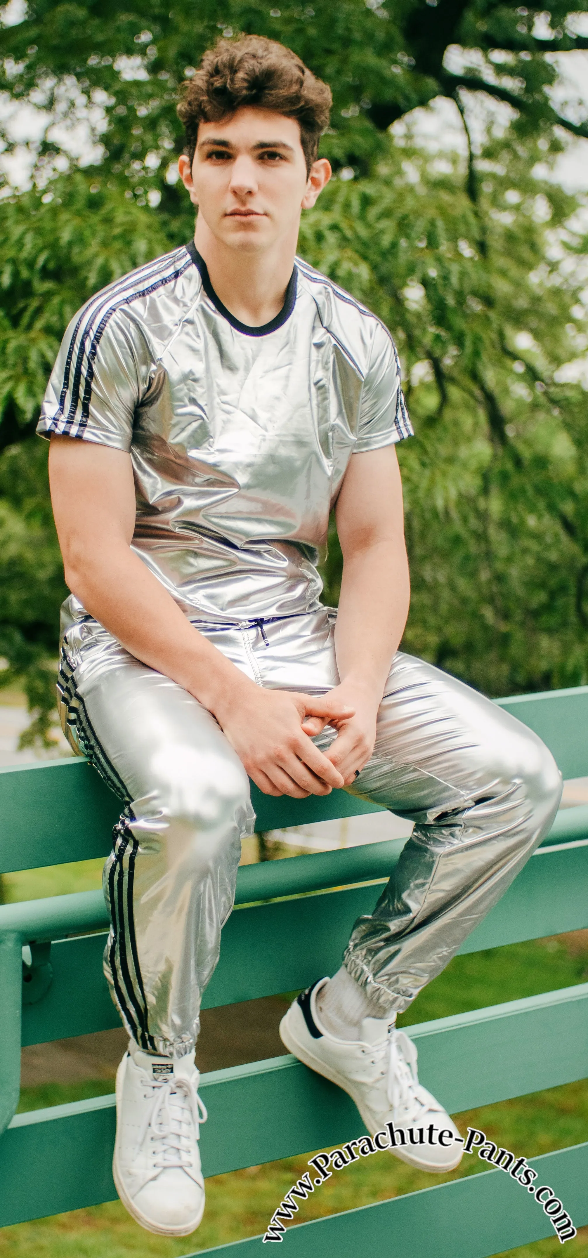 Bruno Silver Shiny PVC Vinyl PU Plastic 3-Stripe T-Shirt