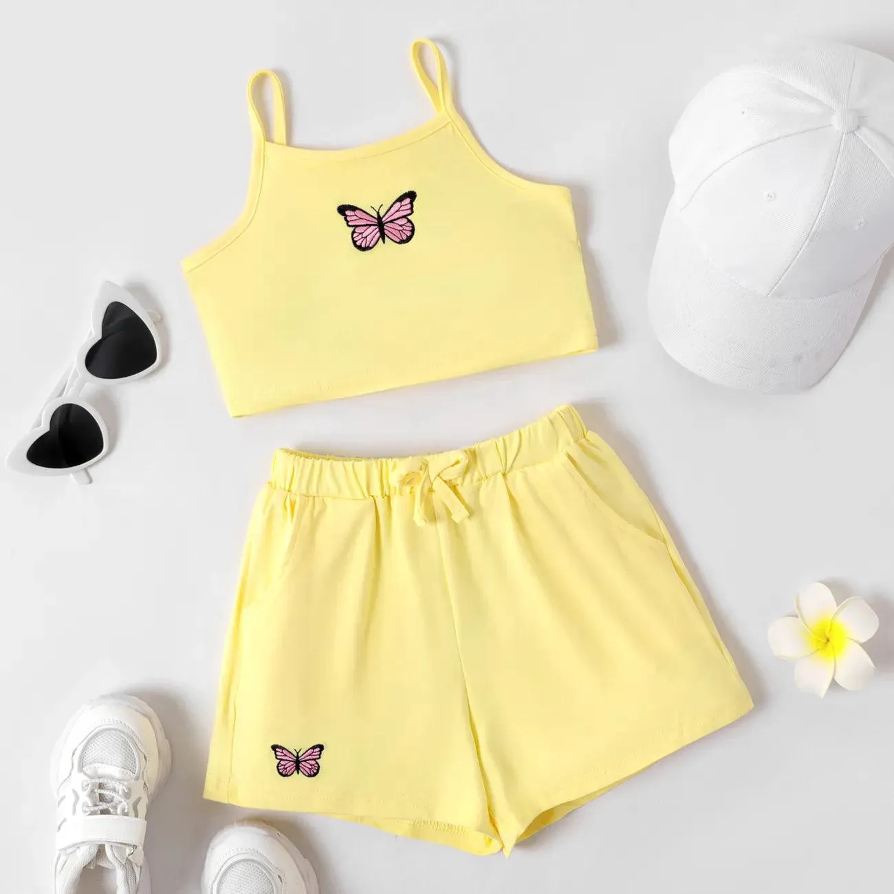 Butterfly Embroidered Camisole and Shorts Set - Kids Girl (2Pcs)