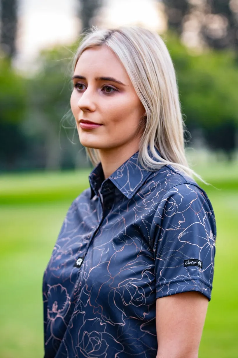 CA Ladies Funky Golf Shirt | Navy/Gold Roses