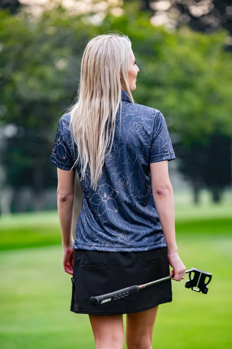 CA Ladies Funky Golf Shirt | Navy/Gold Roses