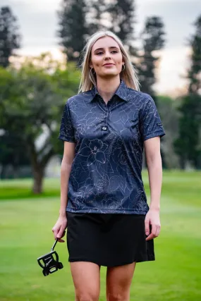 CA Ladies Funky Golf Shirt | Navy/Gold Roses