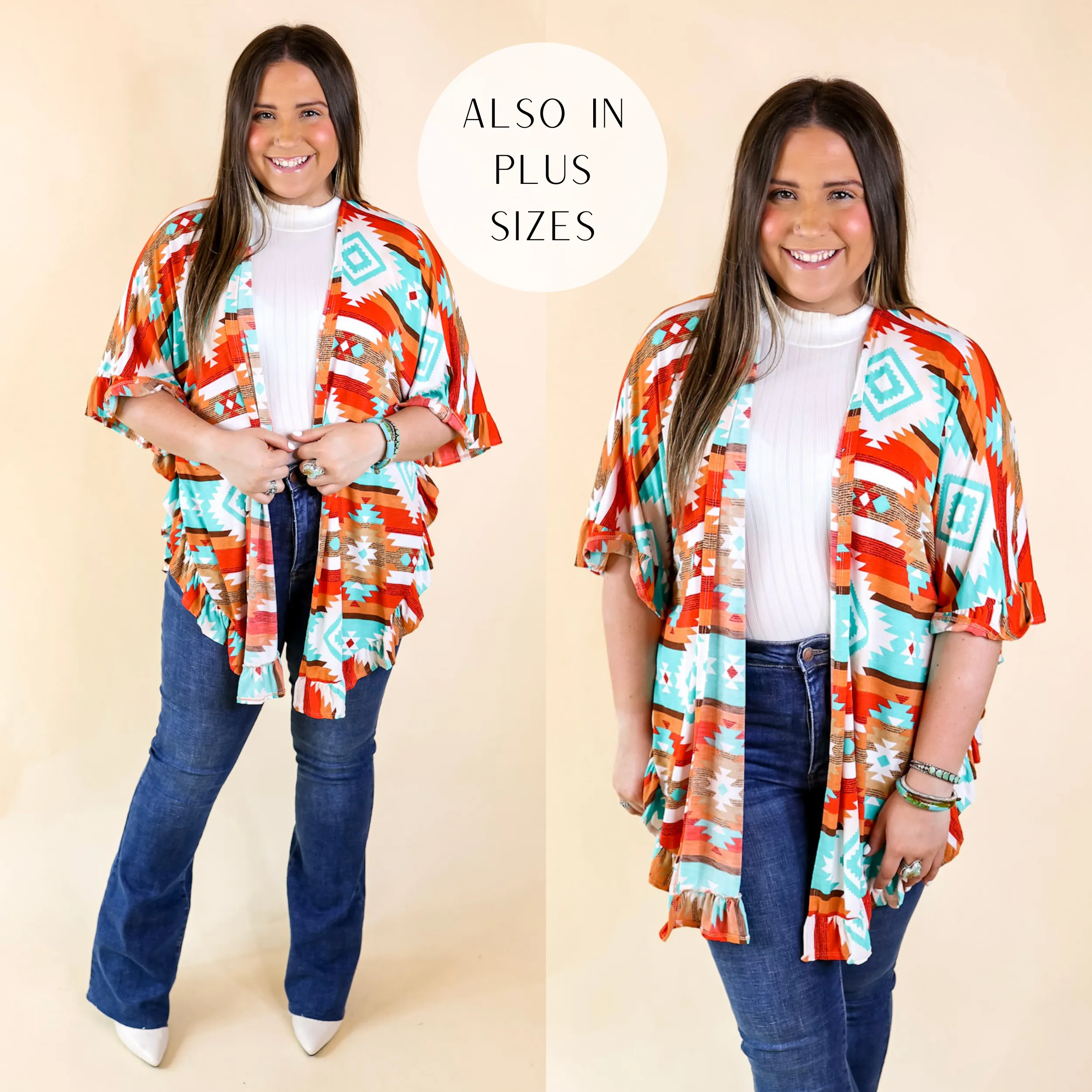 California Casa Aztec Print Kimono with Ruffle Trim in Red and Turquoise