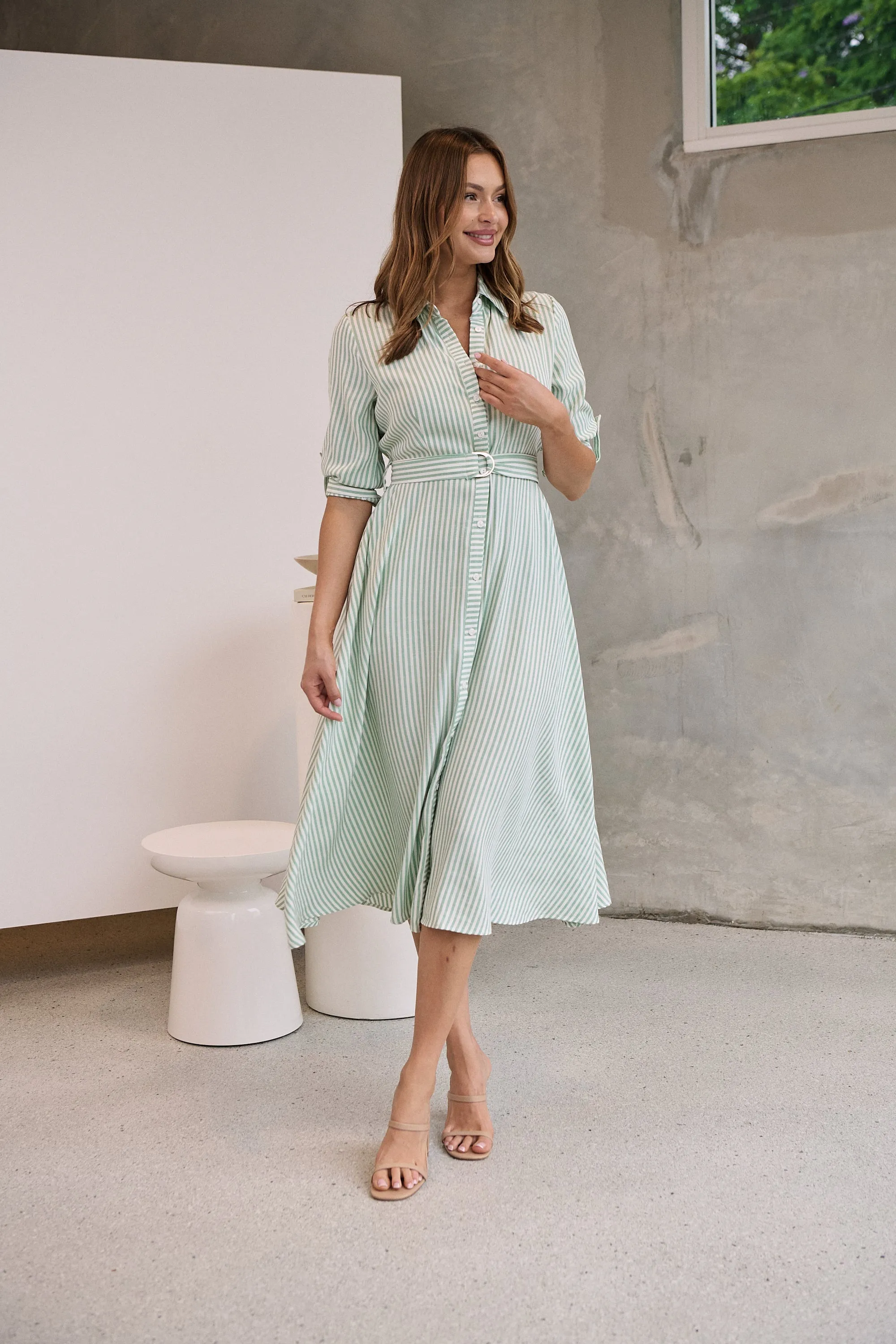 Carly White/Green Stripe Collared Tie Waist Button Midi Dress